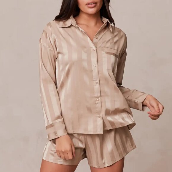 Lounge Striped Satin Pajama Set in "Mink" - Picture 1 of 13